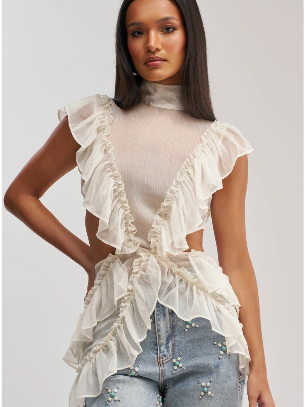 AKIRA Sheer Ruffle Chiffon Mock Neck Blouse - 1X White